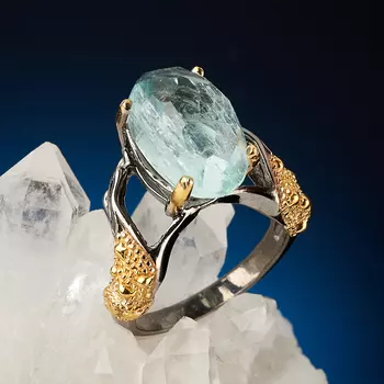 Кольцо аквамарин (серебро 925 пр. позолота, родир. черн.) огранка размер 18