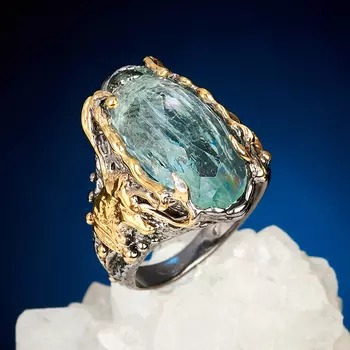 Кольцо аквамарин (серебро 925 пр. позолота, родир. черн.) огранка размер 18