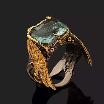 Кольцо аквамарин (серебро 925 пр. позолота, родир. черн.) размер 18,5