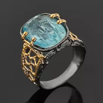 Кольцо аквамарин (серебро 925 пр. позолота, родир. сер.) огранка размер 18