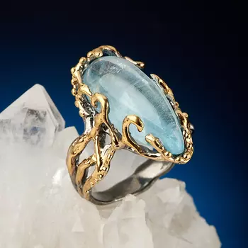 Кольцо аквамарин (серебро 925 пр. родир. сер. позолота) размер 18