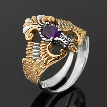 Кольцо аметист огранка (серебро 925 пр. оксидир. позолота) размер 17,5 (регулируемый)