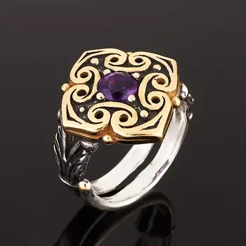 Кольцо аметист огранка (серебро 925 пр. оксидир. позолота) размер 17 (регулируемый)