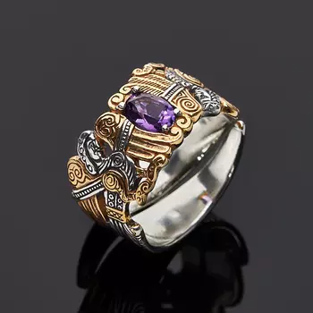 Кольцо аметист (серебро 925 пр. оксидир., позолота) огранка (регулируемый) размер 17,5