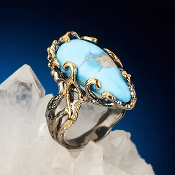 Кольцо бирюза (серебро 925 пр. позолота, родир. черн.) размер 18