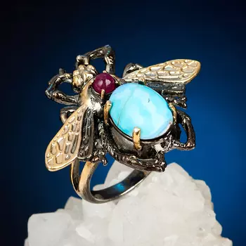 Кольцо бирюза (серебро 925 пр. позолота, родир. черн.) размер 19