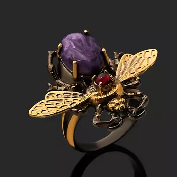 Кольцо чароит (серебро 925 пр. позолота, родир. черн.) размер 18,5