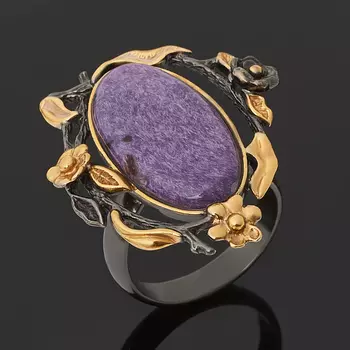 Кольцо чароит (серебро 925 пр. позолота, родир. черн.) (регулируемый) размер 18,5