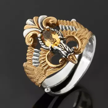 Кольцо цитрин огранка (серебро 925 пр. оксидир. позолота) размер 18 (регулируемый)