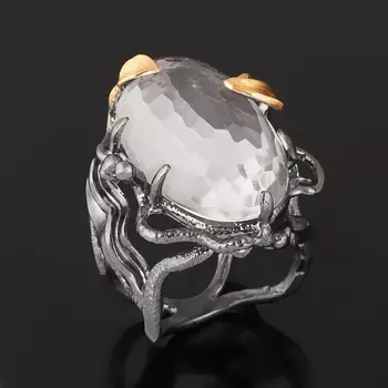 Кольцо горный хрусталь (серебро 925 пр. позолота, родир. черн.) огранка размер 18