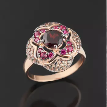 Кольцо гранат альмандин (серебро 925 пр. позолота, родир. черн.) огранка размер 17,5