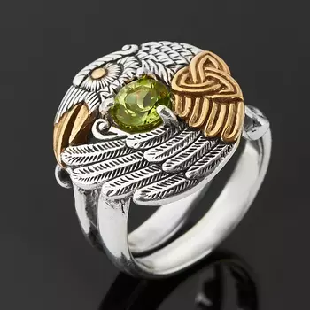 Кольцо хризолит огранка (серебро 925 пр. оксидир. позолота) размер 17,5 (регулируемый)