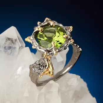 Кольцо хризолит (серебро 925 пр. позолота, родир. сер.) огранка размер 17,5