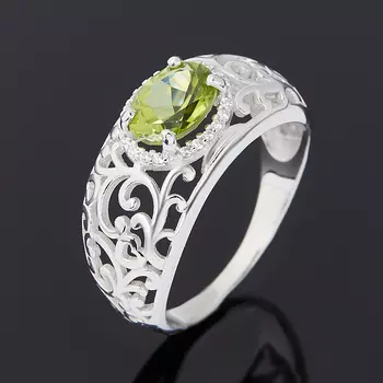 Кольцо хризолит (серебро 925 пр. родир. бел.) огранка размер 18