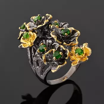 Кольцо хромдиопсид (серебро 925 пр. позолота, родир. черн.) огранка размер 16