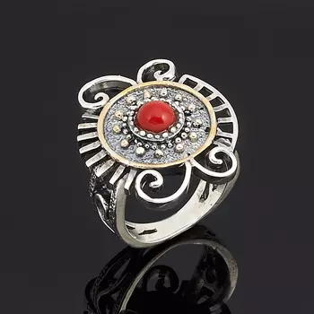 Кольцо коралл красный (серебро 925 пр., позолота) размер 17,5