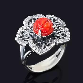 Кольцо коралл красный (серебро 925 пр. оксидир.) размер 18