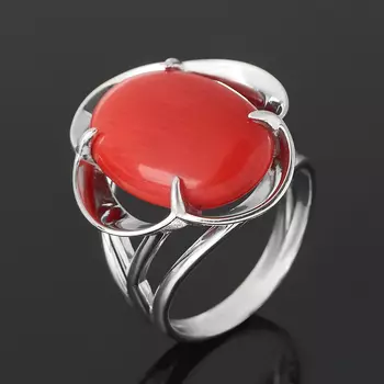 Кольцо коралл красный (серебро 925 пр. родир. бел.) размер 17,5