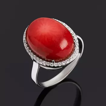 Кольцо коралл красный (серебро 925 пр. родир. бел.) размер 17