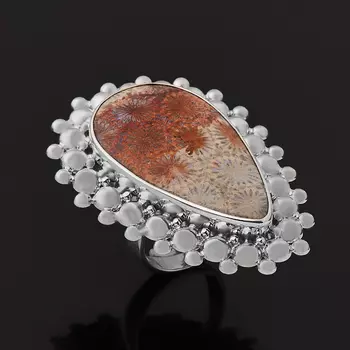 Кольцо коралл (серебро 925 пр. родир. бел.) (регулируемый) размер 18