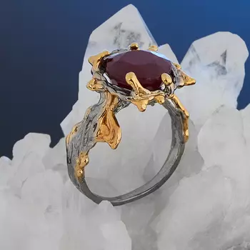 Кольцо корунд рубиновый (серебро 925 пр. позолота, родир. сер.) огранка размер 17,5