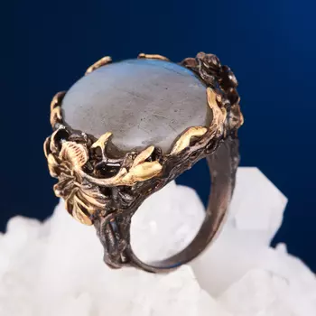 Кольцо лабрадор (серебро 925 пр. позолота, родир. черн.) размер 17