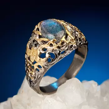 Кольцо лабрадор (серебро 925 пр. позолота, родир. черн.) размер 18,5