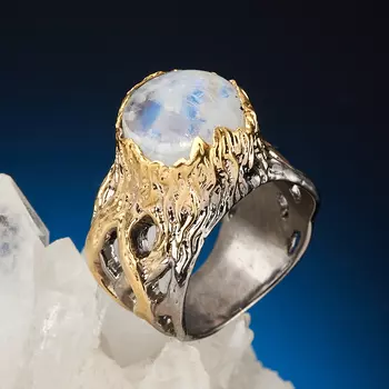 Кольцо лунный камень (адуляр) (серебро 925 пр. позолота, родир. сер.) размер 17,5