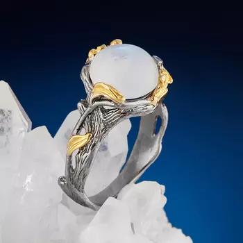 Кольцо лунный камень (серебро 925 пр. позолота, родир. сер.) размер 18