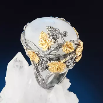 Кольцо лунный камень (серебро 925 пр. позолота, родир. сер.) размер 18