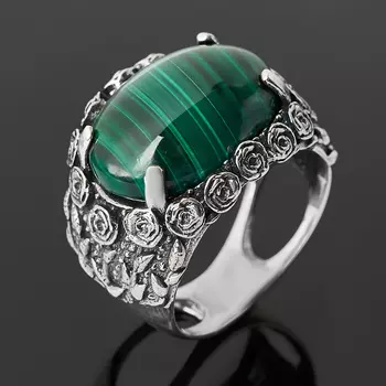 Кольцо малахит (серебро 925 пр. оксидир.) размер 18