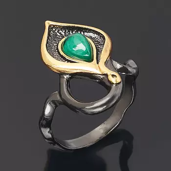 Кольцо малахит (серебро 925 пр. позолота, родир. черн.) размер 17,5