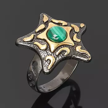 Кольцо малахит (серебро 925 пр. позолота, родир. черн.) размер 18,5