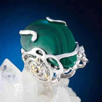 Кольцо малахит (серебро 925 пр. позолота, родир. бел.) (регулируемый) размер 17