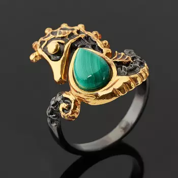 Кольцо малахит (серебро 925 пр. позолота, родир. черн.) размер 16,5