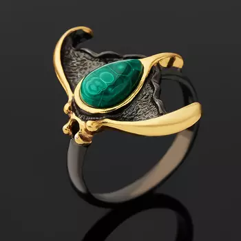 Кольцо малахит (серебро 925 пр. позолота, родир. черн.) размер 17