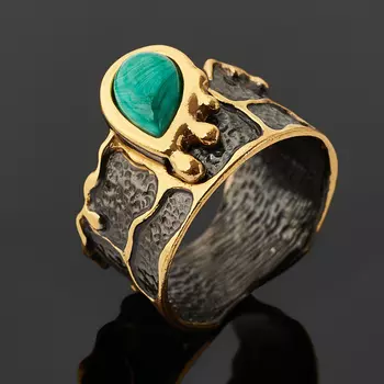 Кольцо малахит (серебро 925 пр. позолота, родир. черн.) размер 17,5