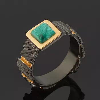 Кольцо малахит (серебро 925 пр. позолота, родир. черн.) размер 17,5