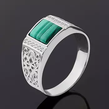 Кольцо малахит (серебро 925 пр. родир. бел.) размер 21,5