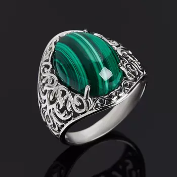 Кольцо малахит (серебро 925 пр. родир. бел.) размер 17,5