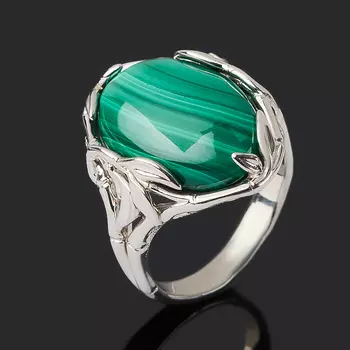 Кольцо малахит (серебро 925 пр. родир. бел.) размер 18,5