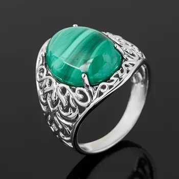 Кольцо малахит (серебро 925 пр. родир. бел.) размер 18,5