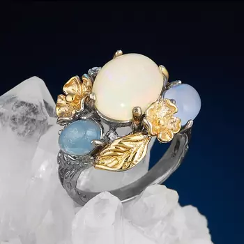 Кольцо микс агат, аквамарин, опал (серебро 925 пр. позолота, родир. сер.) размер 19