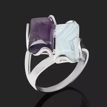 Кольцо микс агат, аметист (серебро 925 пр. родир. бел.) размер 19,5