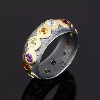 Кольцо микс аметист, гранат, топаз огранка (серебро 925 пр. оксидир. позолота) размер 17