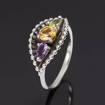 Кольцо микс аметист, хризолит, цитрин (серебро 925 пр. родир. бел.) огранка размер 16,5