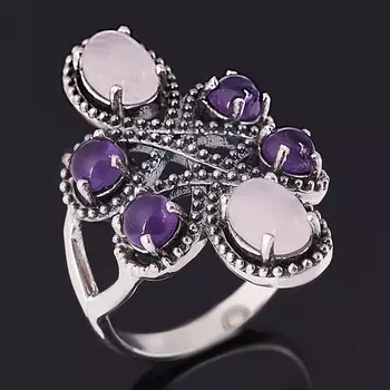 Кольцо микс аметист, розовый кварц (серебро 925 пр. оксидир.) размер 18