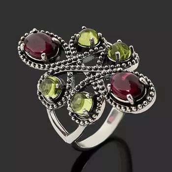 Кольцо микс гранат, хризолит (серебро 925 пр. оксидир.) размер 18,5