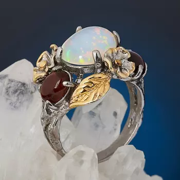 Кольцо микс гранат, опал, турмалин (серебро 925 пр. позолота, родир. сер.) размер 17,5