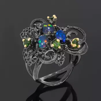 Кольцо микс опал, хромдиопсид (серебро 925 пр. позолота, родир. черн.) размер 17